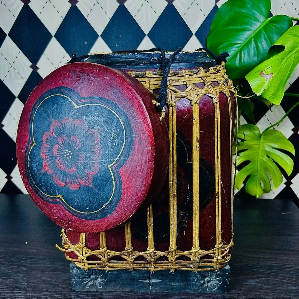 Large 18” Burmese‎ Lacquer Rice Basket, Lidded Bamboo Vessel Vintage Collectible